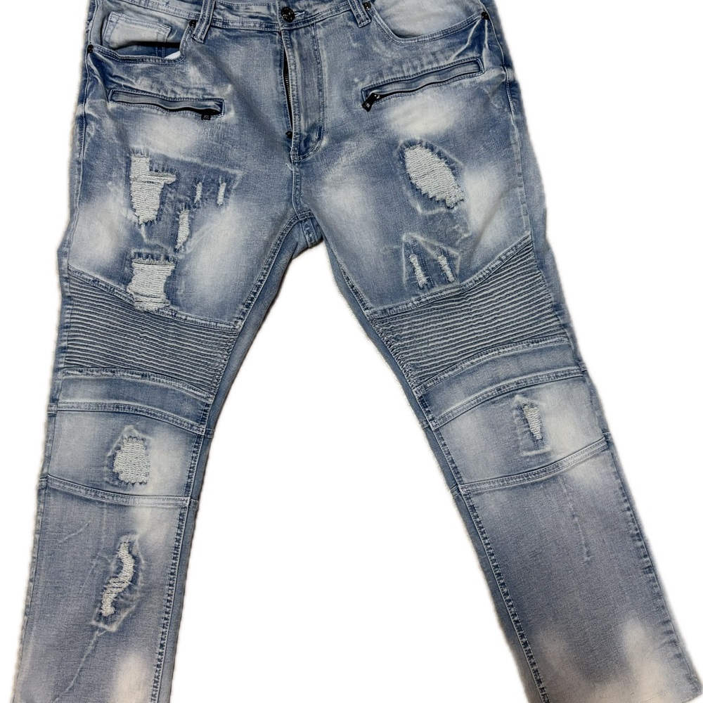 Men's Makobi Distressed Stretch Biker Blue Jeans